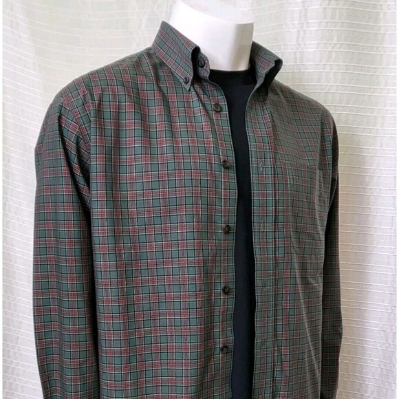L.L. BEAN Wrinkle Resistant Shirt Lt-Mid Weight Cotton Plaid Green Red Men's M - Picture 2 of 13